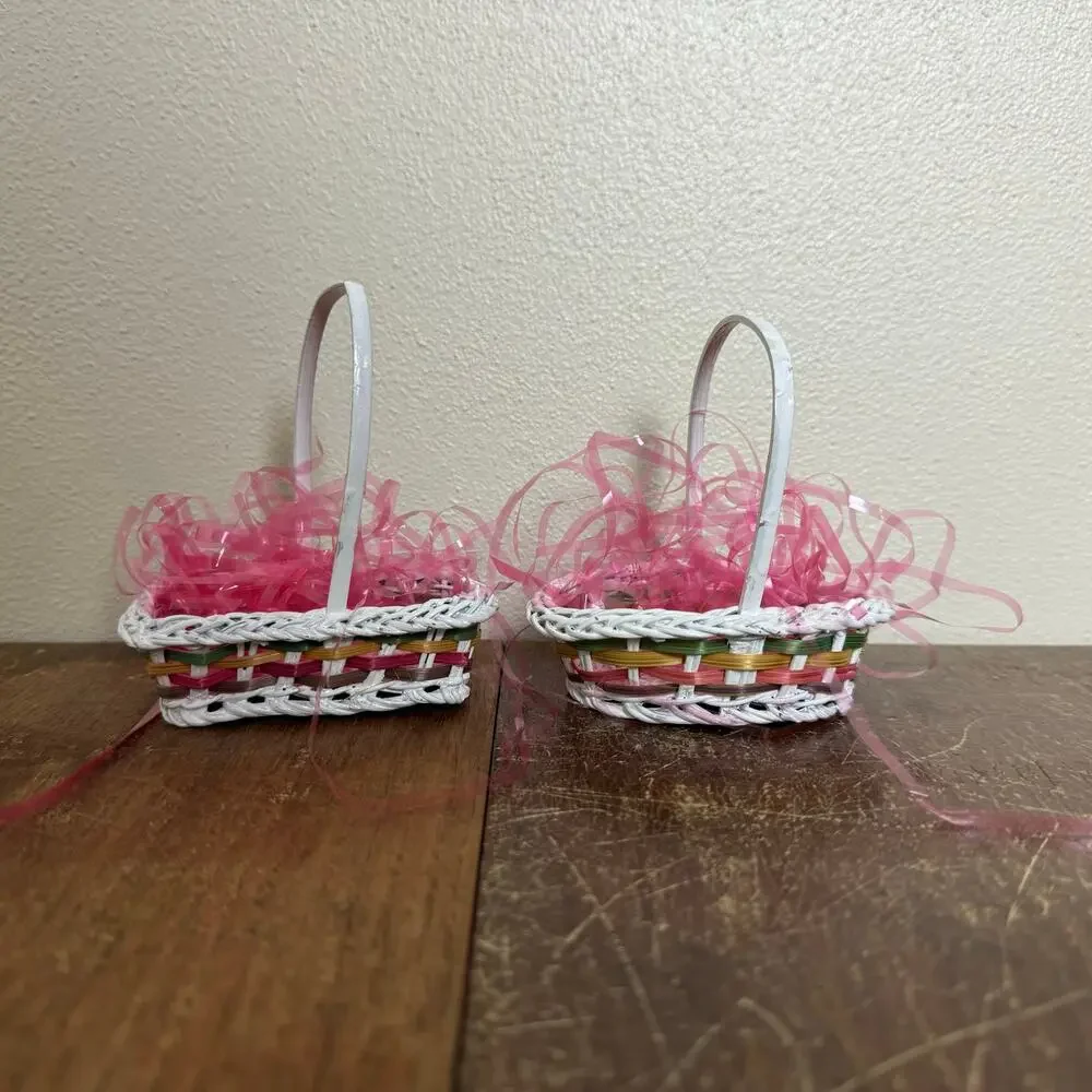 Set of two MINIATURE Woven Wicker‎ Painted Easter Baskets Pink Grass Decor